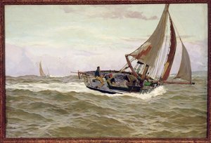 Um barco de pesca em uma brisa dura